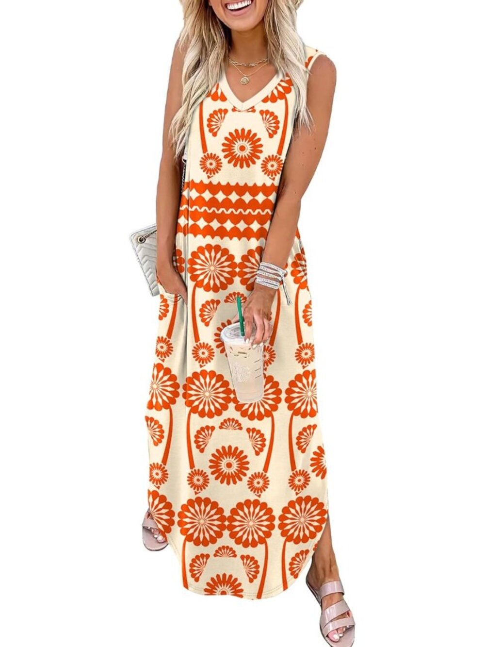 Women's Floral Orange Sleeveless Ankle Length Pull On Imported Maxi Dresses